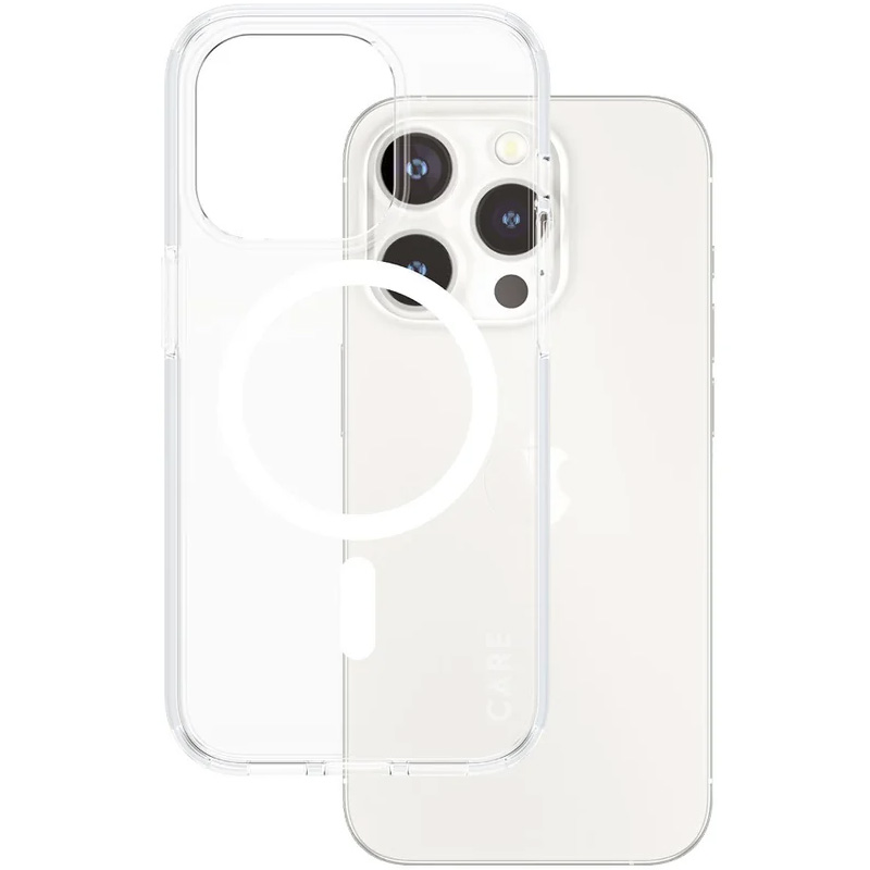 Etui CARE by PanzerGlass Urban Combat Case z MagSafe do iPhone 15 Pro, przezroczyste z białymi magnesami MagSafe.